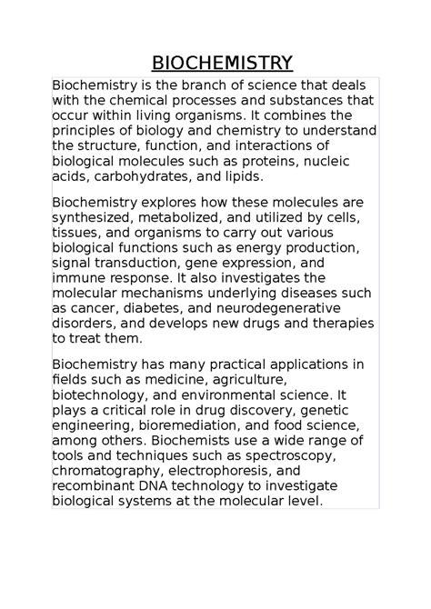 Biochemistry Overview: Understanding Life's Chemical Processes - Studocu