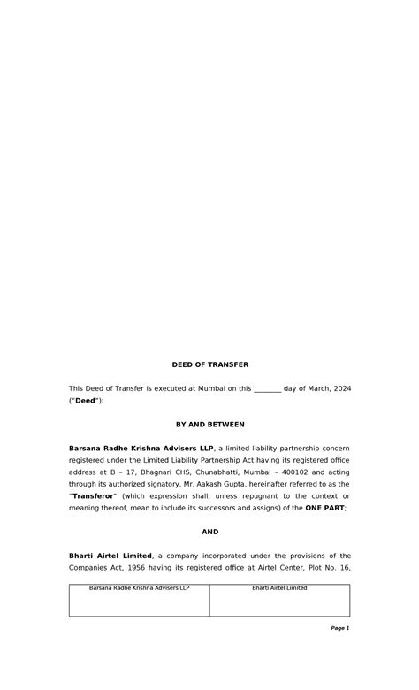 Deed of Transfer: Barsana Radhe Krishna Advisers LLP to Bharti Airtel ...