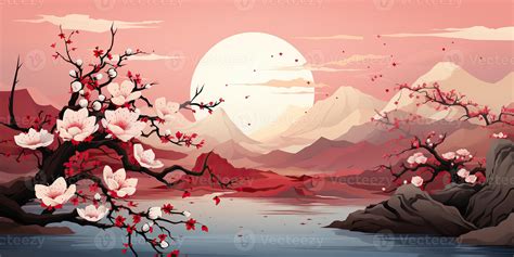 AI Generated. AI Generative. Vintage retro traditional Japanese Asian landscape background ...