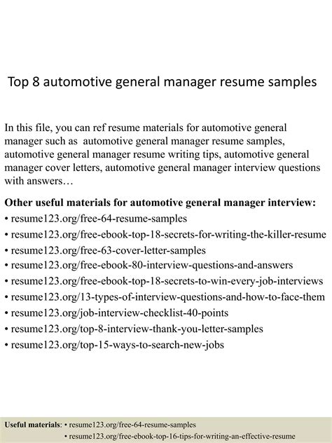 Top 8 automotive general manager resume samples | PPTX