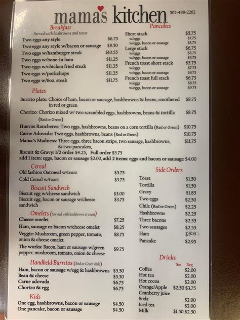 Menu at Mama's Kitchen restaurant, Gallup