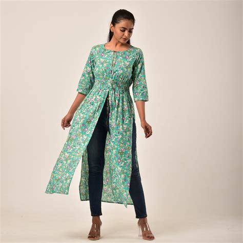 Green Side and Front Slit Cotton Longline Maxi Top – Fashiana