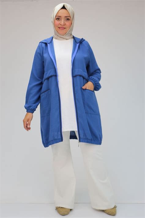 İndigo Büyük Beden Biye Detaylı Keten Kap - Moda Rosa | ElbiseBul