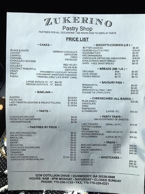 Menu at Zukerino Pastry Shop restaurant, Atlanta