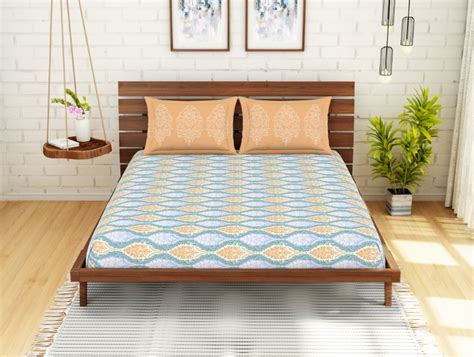 Ornate Light Blue 100% Cotton Queen Fitted Sheet - Atrium Plus Ecom By