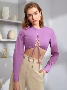 SHEIN Unity Lace Up Front Crop Blouse | SHEIN USA