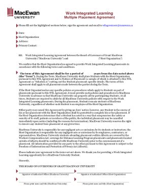Fillable Online Work Integrated Learning One-time Placement Agreement ...