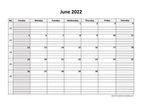 June 2022 Calendar Free Printable with grid lines designed (horizontal ...