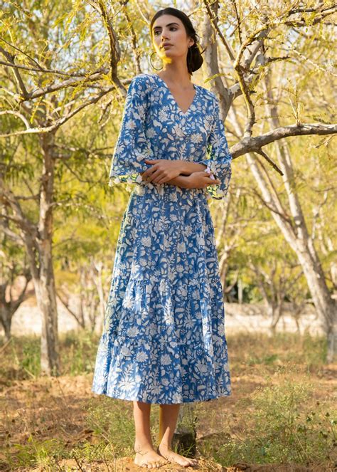 Get Bell Sleeves Detail Floral Printed Blue Dress at ₹ 2040 | LBB Shop