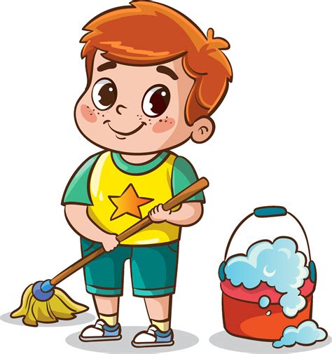 little boy cleaning.cute kid wiping floor with mop vector illustration ...