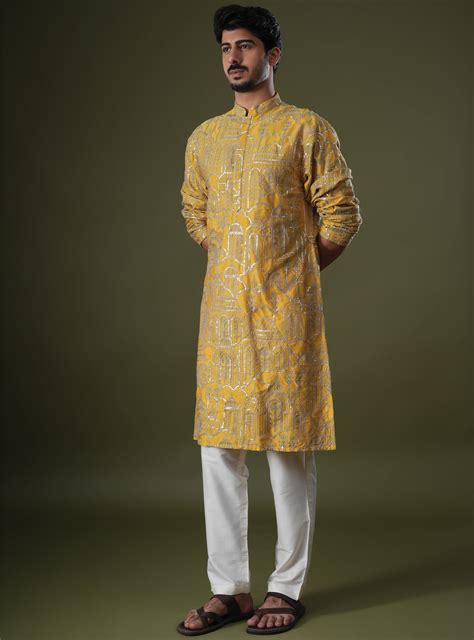 Yazal Yellow Embroidered Katan Kurta Set – Thepatr