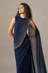 Buy Navy Jersey Beads Round Neck Star Draped Saree Gown For Women by ...
