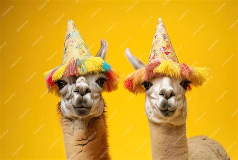 Premium AI Image | a cute llamas in colorful sombrero hats on yellow ...