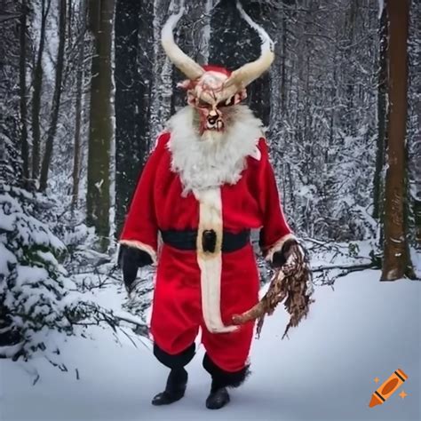 Krampus dressed as santa in snow-covered forest on Craiyon