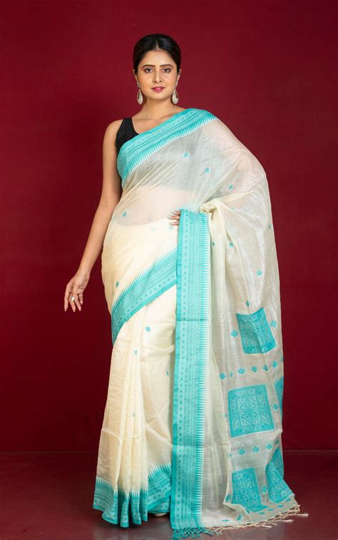 Premium Quality Tussar Silk Bomkai Saree in Off White and Common Teal ...