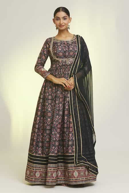 Buy Black Chiffon, Silk Gota Patti, Embroidery Round Mosaic Fleur Print ...