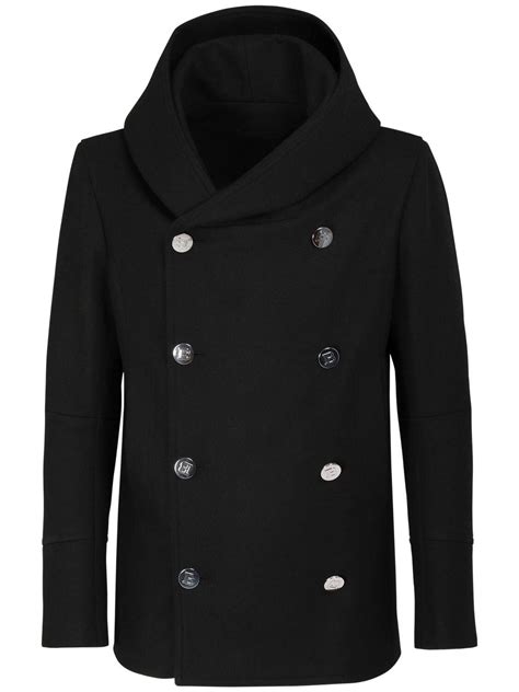 Balmain Hooded Wool Pea Coat in Black for Men | Lyst