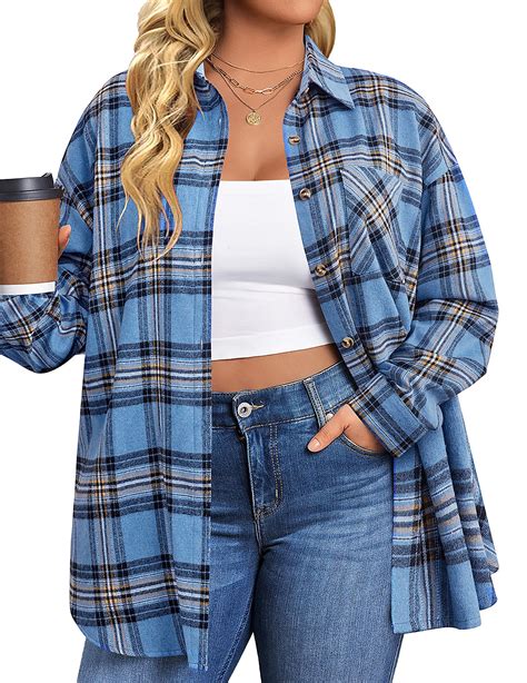 Fantaslook Plus Size Flannel Plaid Shirts for Women, Long Sleeve Button ...