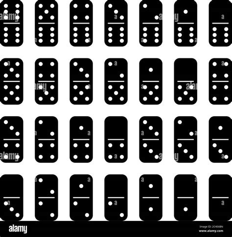 Domino set of 28 tiles. Black pieces with white dots. Simple flat ...