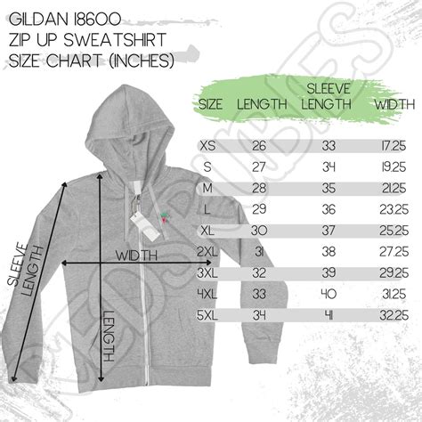 Gildan 18600 Size Chart, Full Zip up Hoodie Sizing Chart - Etsy