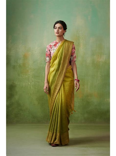 Green Yellow Pure Handloom Linen Saree – Paarijaatham.com