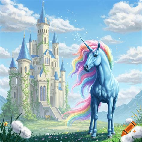 A blue unicorn with a flowing rainbow mane and tail stands in a field ...