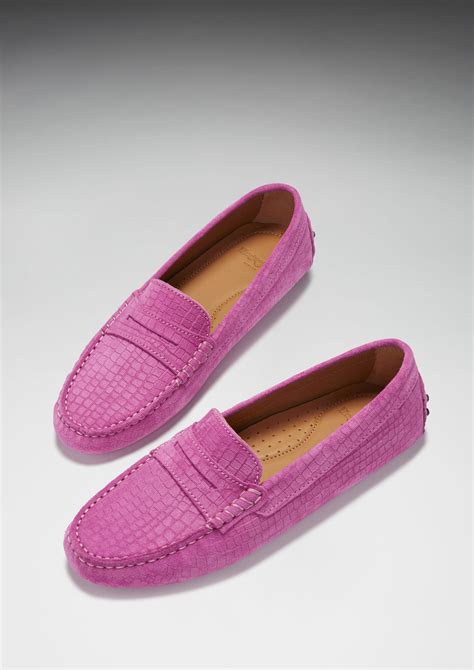 Women's Penny Driving Loafers, pink embossed suede - Hugs & Co.