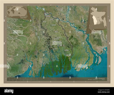 Khulna, division of Bangladesh. High resolution satellite map. Locations and names of major ...
