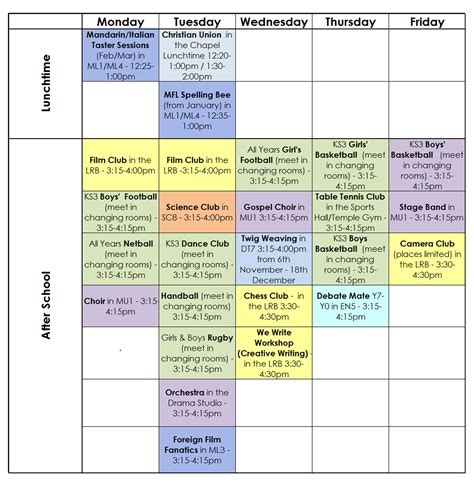 Clubs Timetable - Trinity High