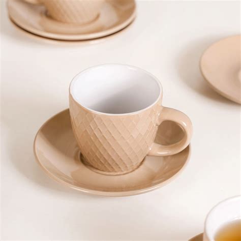 Beige Tara Ceramic Cup And Saucer Set Of 6 225ml Online - Premium Tea ...