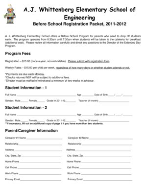 Fillable Online 2011-2012 Before School Registration Form Fax Email ...
