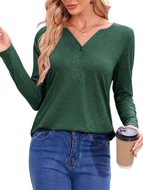 Fancyglim V Neck Henley Shirts for Women Long Sleeve Tunic Tops Causal ...