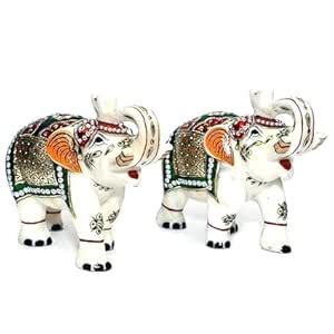 Buy ANUSHKA ARTS Marble Elephant Pair (Big) with Golden Meenakari Work ...