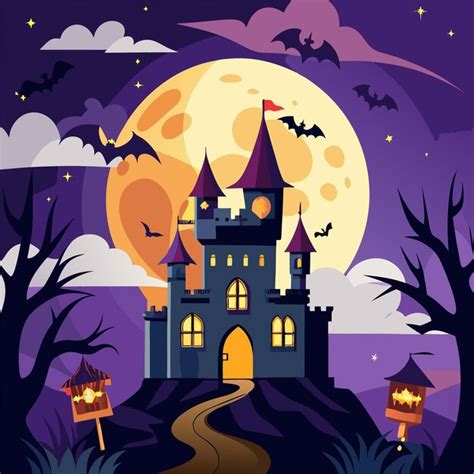 A poster for a halloween with a castle on the front | Premium AI ...
