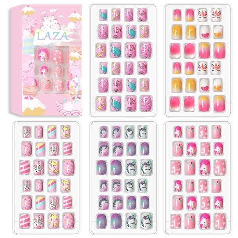 Laza 120pcs Children Nails Press On Pre-glue Full Cover Glitter ...
