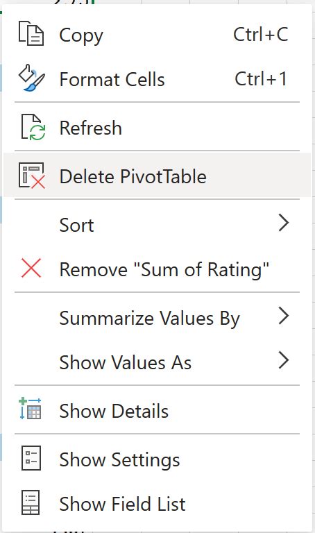Image result for +Remove PivotTable Excel