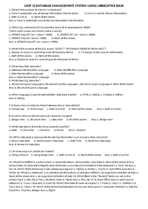 DBMS MCQs 2 - dbms - UNIT 3) DATABASE MANAGEMENT SYSTEM USING ...