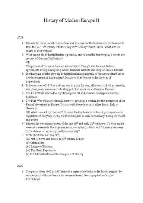 HME II Previous Year Exam Questions - History of Modern Europe - Studocu