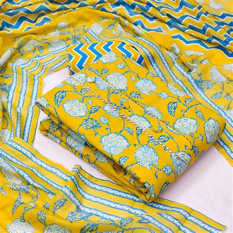 Lemon Green Floral Printed Cotton Blend Dress Material