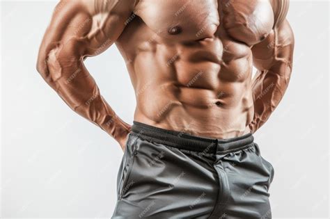 Músculos abdominais masculinos Bodybuilder mostra abdômen fundo branco ...