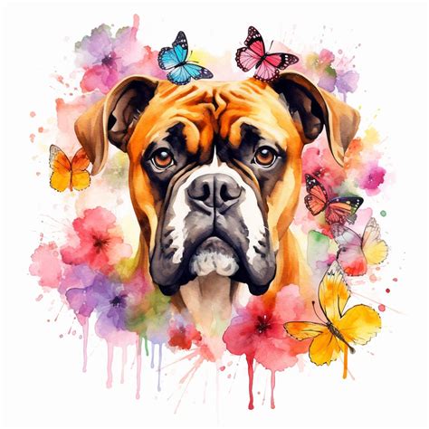 Premium AI Image | Painting of a boxer dog with butterflies and flowers ...