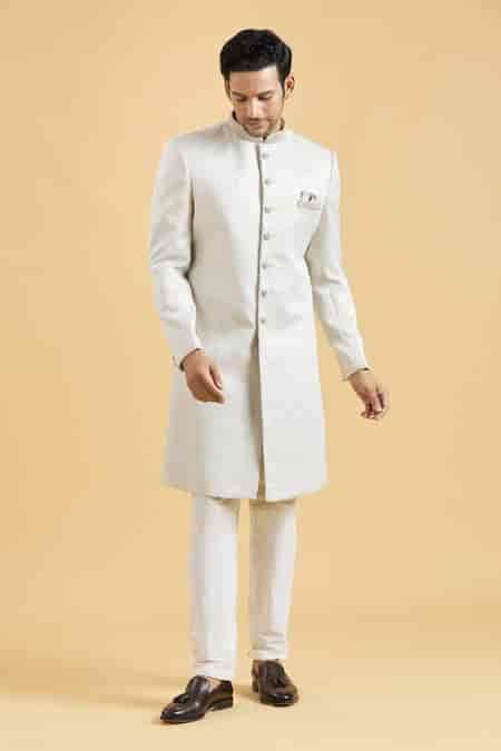 Buy Blue Brocade, Polyester Embroidery Collar Sherwani And Pant Set For ...