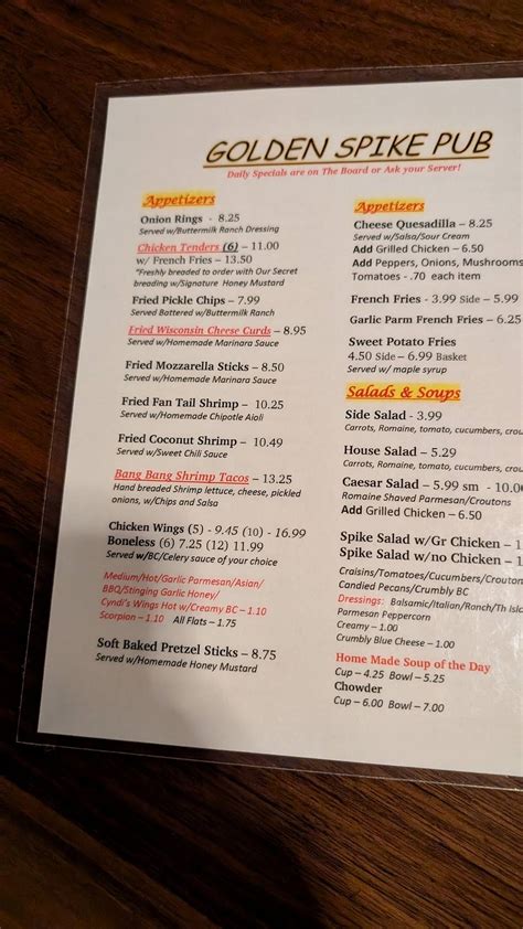 Menu at Golden Spike Pub, East Syracuse