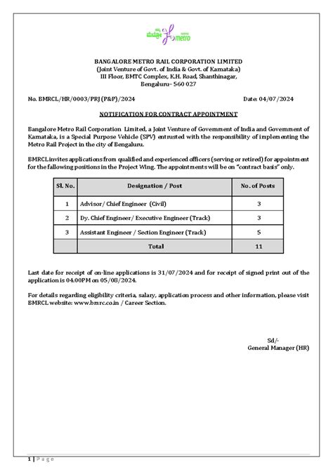 BMRC Recruitment 2024 1 - BANGALORE METRO RAIL CORPORATION LIMITED ...
