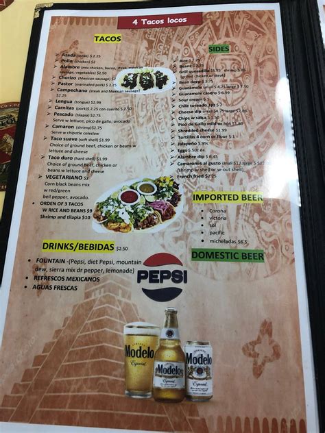 Menu at 4 Tacos Locos restaurant, Greenville