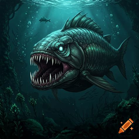 A scary, spiky fantasy fish with sharp teeth and glowing eyes swims ...