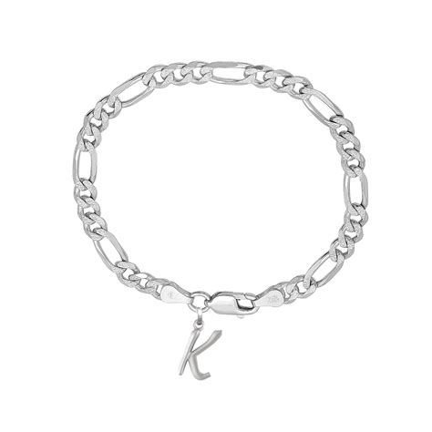 92.5% pure Sterling Silver Figaro Designer Bracelet with K Alphabet fo ...