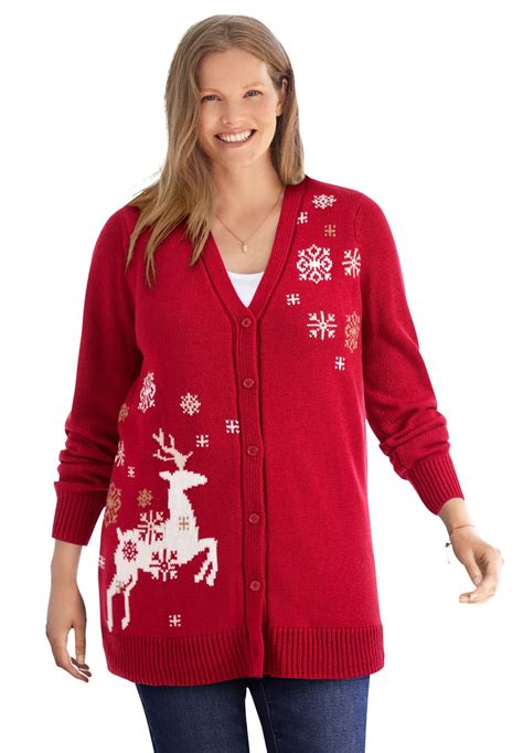 Woman Within Plus Size Holiday Motif Cardigan Sweater - Walmart.com