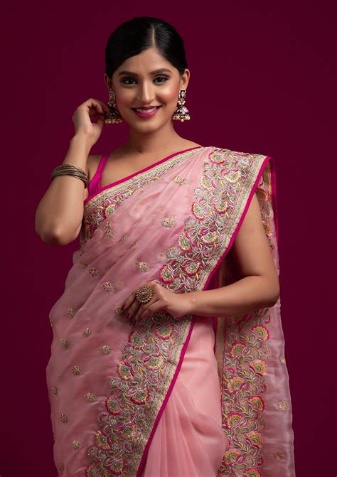 Buy Baby Pink Stonework Organza Designer Saree - Koskii