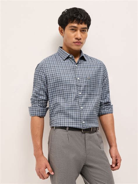 Shop Blue Woven Checkered Cotton Blend Tailored Fit Formal Shirt Online ...